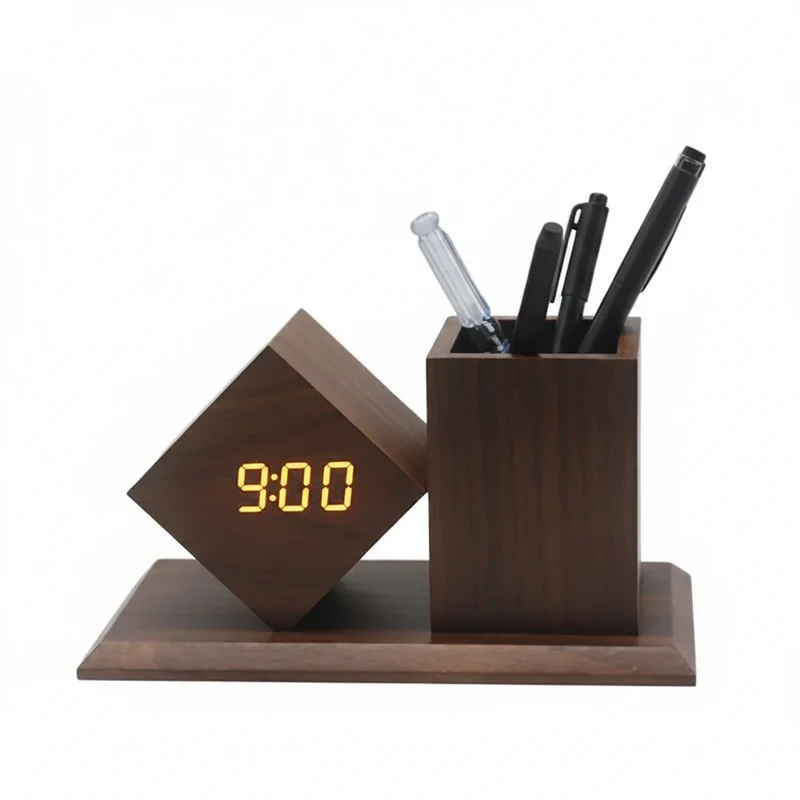 Holz LED Uhr mit Stiftehalter – Smart Desktop Organizer für Büro & Homeoffice