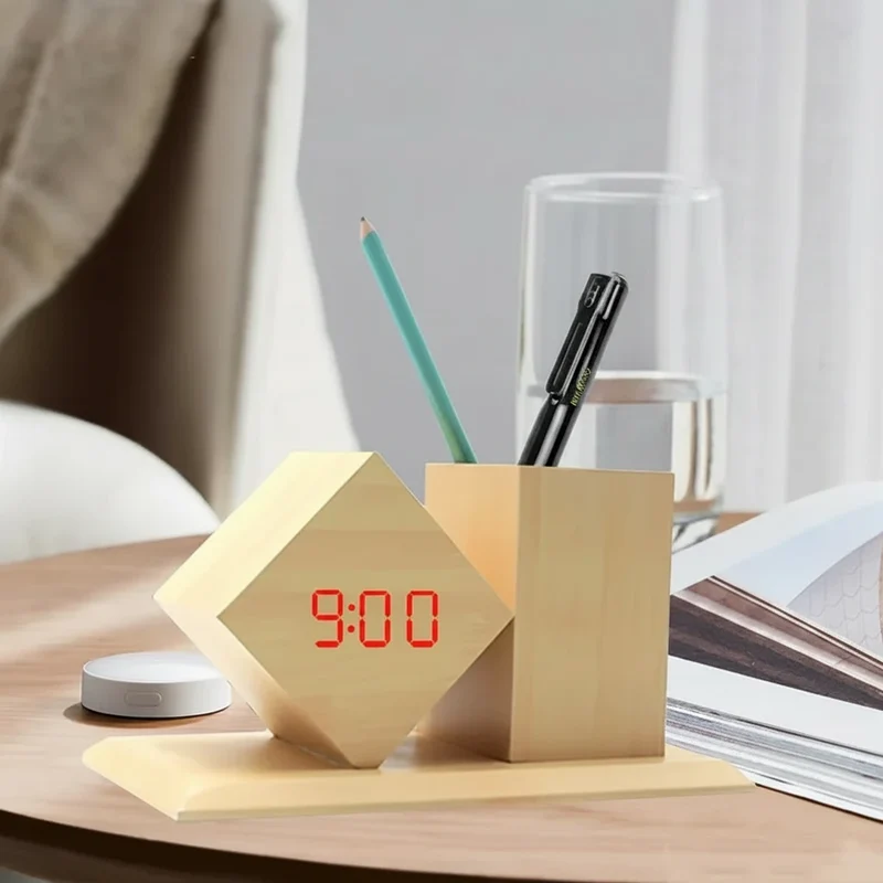 Holz LED Uhr mit Stiftehalter – Smart Desktop Organizer für Büro & Homeoffice