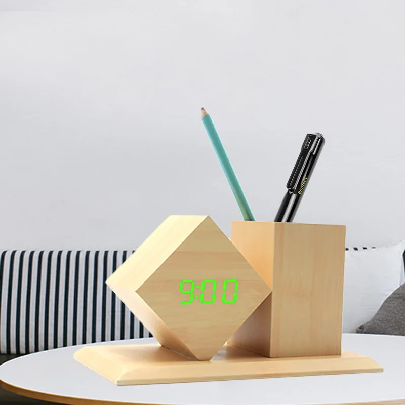 Holz LED Uhr mit Stiftehalter – Smart Desktop Organizer für Büro & Homeoffice