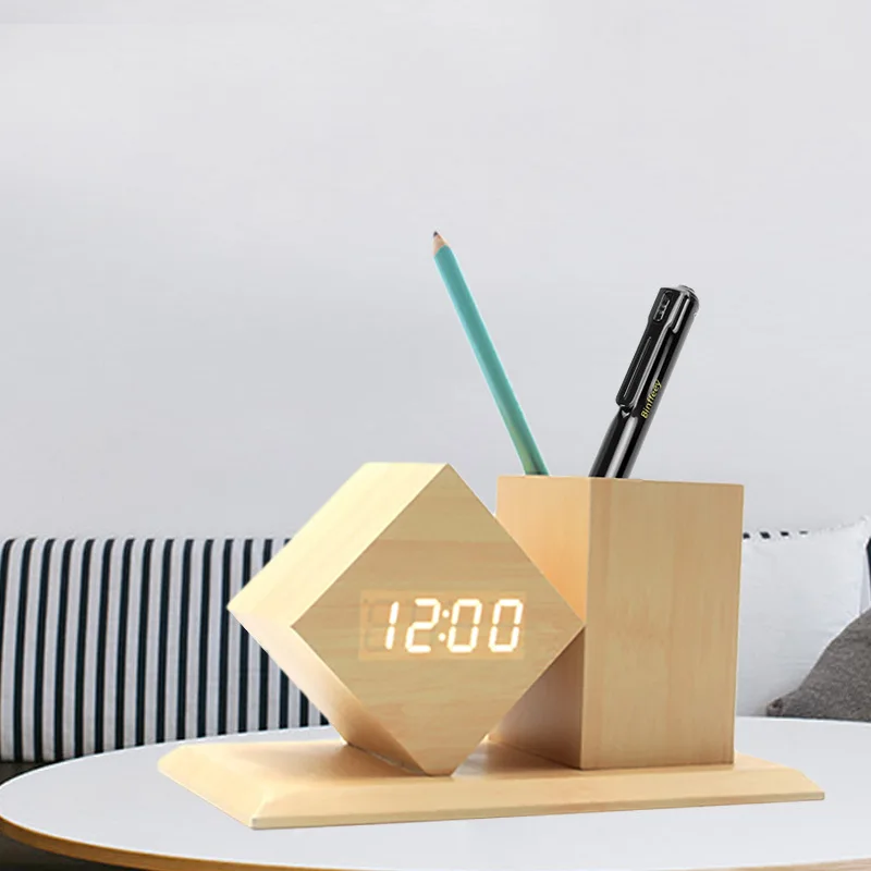 Holz LED Uhr mit Stiftehalter – Smart Desktop Organizer für Büro & Homeoffice
