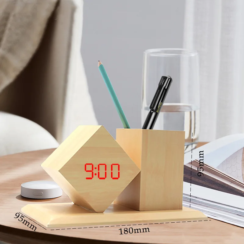 Holz LED Uhr mit Stiftehalter – Smart Desktop Organizer für Büro & Homeoffice