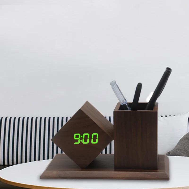 Holz LED Uhr mit Stiftehalter – Smart Desktop Organizer für Büro & Homeoffice