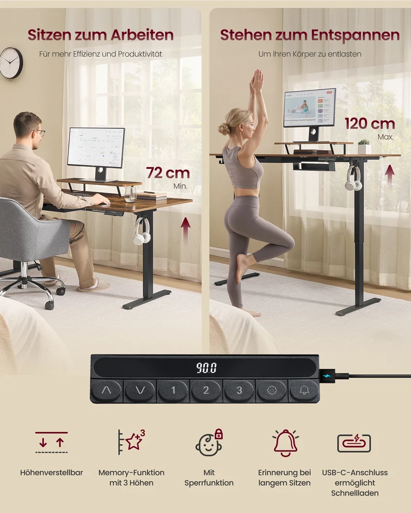 VASAGLE Height Adjustable desk Flexible Mounted Display Stand Drawer Long Sitting Reminder For office