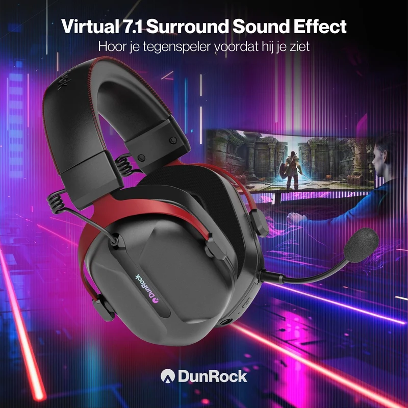 DunRock GG – Kabelloses Gaming-Headset – 2.4 GHz + Bluetooth + Kabel – Virtueller 7.1-Surround-Sound – Kopfhörer mit 80-µm-Akku
