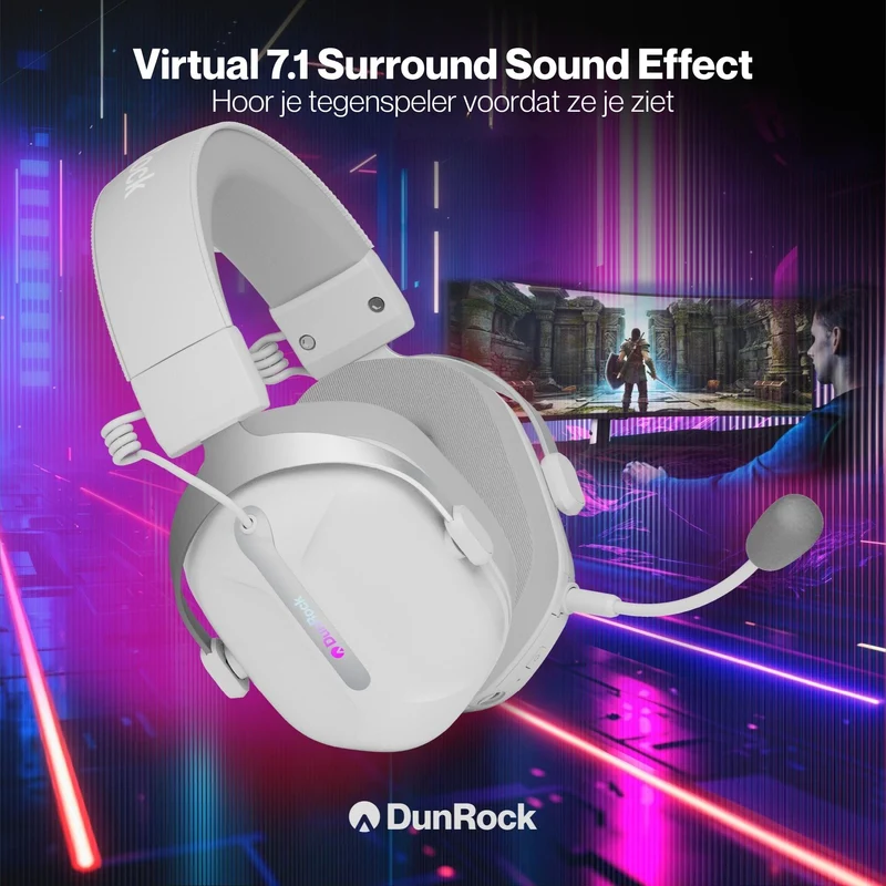 DunRock GG – Kabelloses Gaming-Headset – 2.4 GHz + Bluetooth + Kabel – Virtueller 7.1-Surround-Sound – Kopfhörer mit 80-µm-Akku