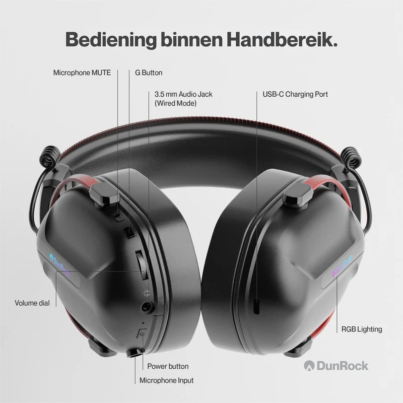 DunRock GG – Kabelloses Gaming-Headset – 2.4 GHz + Bluetooth + Kabel – Virtueller 7.1-Surround-Sound – Kopfhörer mit 80-µm-Akku