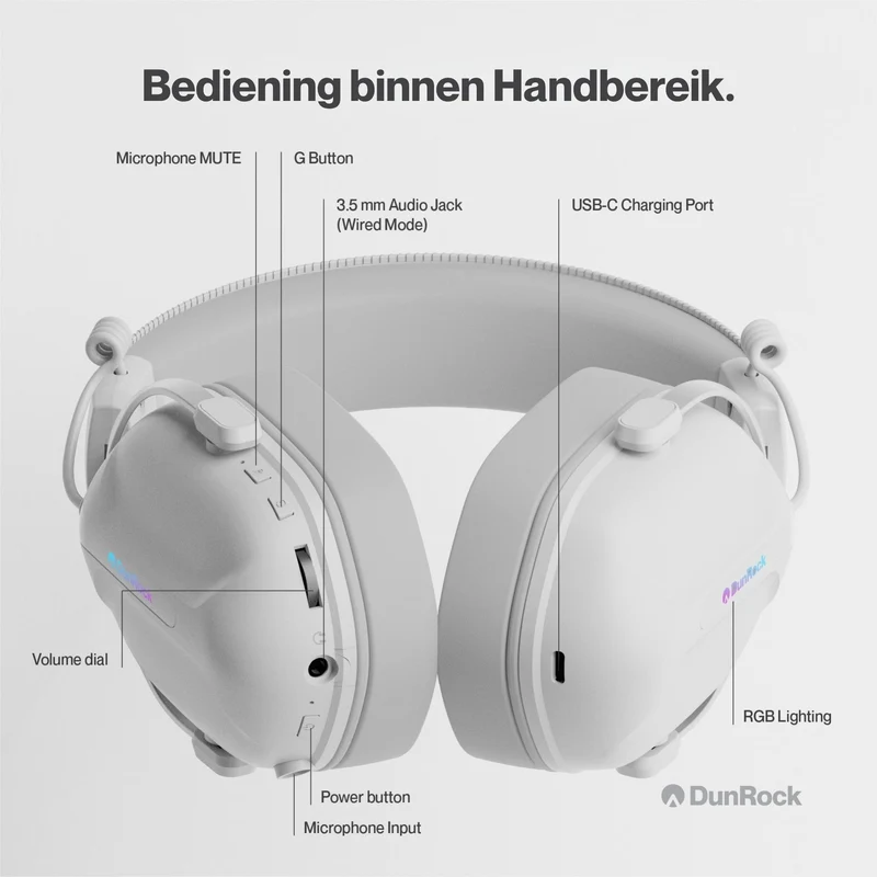 DunRock GG – Kabelloses Gaming-Headset – 2.4 GHz + Bluetooth + Kabel – Virtueller 7.1-Surround-Sound – Kopfhörer mit 80-µm-Akku