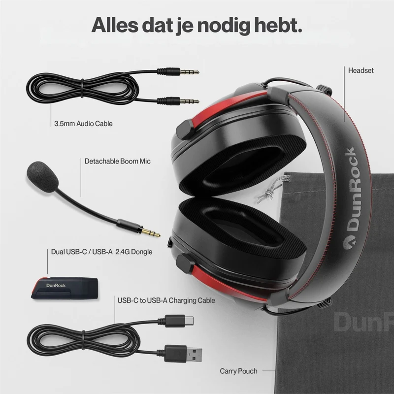 DunRock GG – Kabelloses Gaming-Headset – 2.4 GHz + Bluetooth + Kabel – Virtueller 7.1-Surround-Sound – Kopfhörer mit 80-µm-Akku