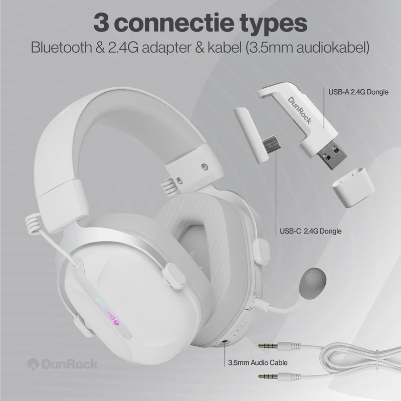 DunRock GG – Kabelloses Gaming-Headset – 2.4 GHz + Bluetooth + Kabel – Virtueller 7.1-Surround-Sound – Kopfhörer mit 80-µm-Akku