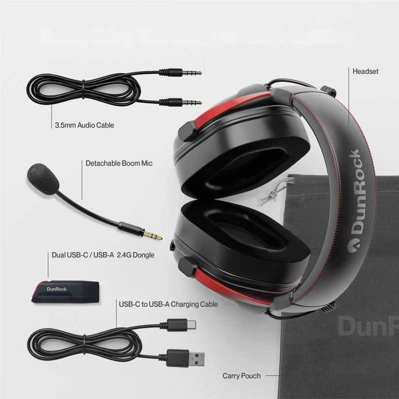 DunRock GG – Kabelloses Gaming-Headset – 2.4 GHz + Bluetooth + Kabel – Virtueller 7.1-Surround-Sound – Kopfhörer mit 80-µm-Akku