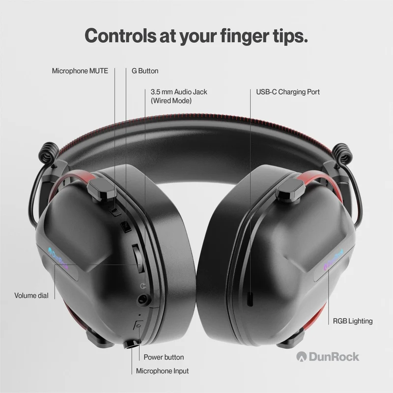 DunRock GG – Kabelloses Gaming-Headset – 2.4 GHz + Bluetooth + Kabel – Virtueller 7.1-Surround-Sound – Kopfhörer mit 80-µm-Akku