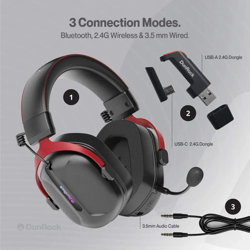 DunRock GG – Kabelloses Gaming-Headset – 2.4 GHz + Bluetooth + Kabel – Virtueller 7.1-Surround-Sound – Kopfhörer mit 80-µm-Akku