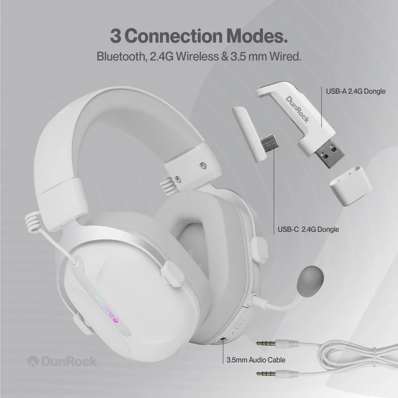 DunRock GG – Kabelloses Gaming-Headset – 2.4 GHz + Bluetooth + Kabel – Virtueller 7.1-Surround-Sound – Kopfhörer mit 80-µm-Akku