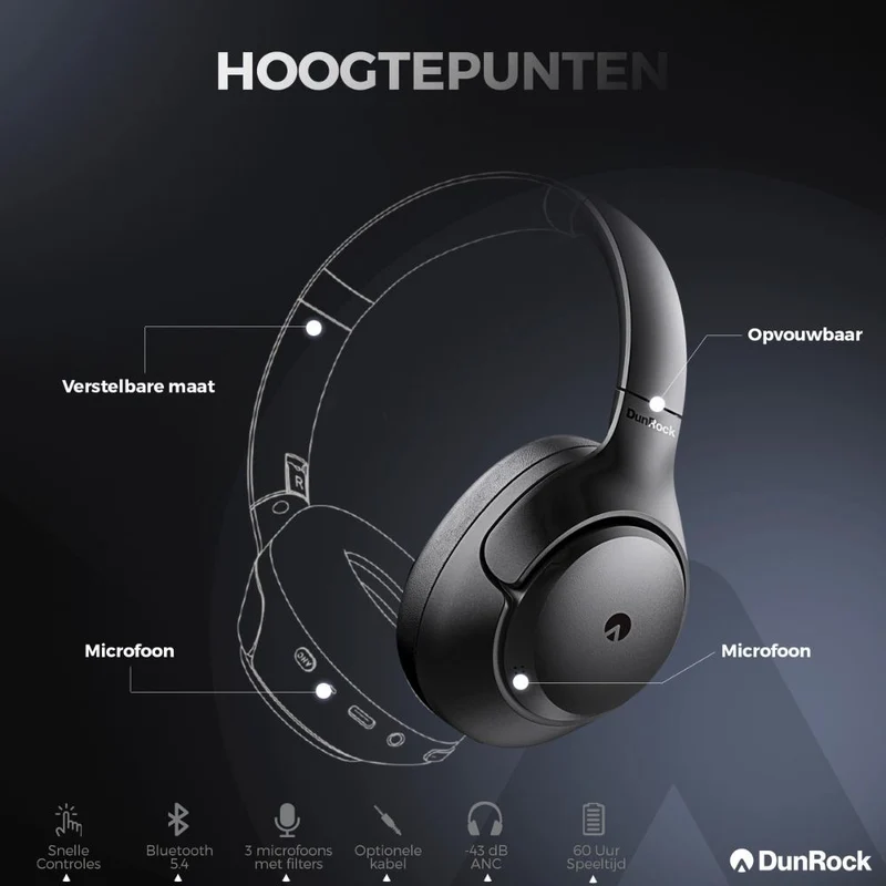 DunRock® Halo – Kabellose Kopfhörer – ANC und Multipoint – DunRock-App für iOS und Android – Mit Mikrofon
