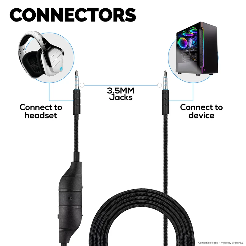 Ersatz-Audiokabel kompatibel mit Logitech G633, G635, G933, G935 – Inline-Mikrofon/Fernbedienung mit Stummschaltung und Lautstärkeregelung – geflochtenes Nylon-Gaming-Headset-Kabel