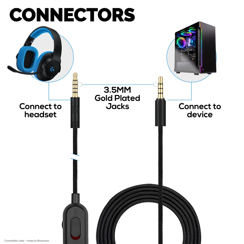 Ersatz-Audiokabel kompatibel mit Logitech G Pro, G Pro X, G433, G233 – Inline-Fernbedienung mit Stumm- und Lautstärkeregelung