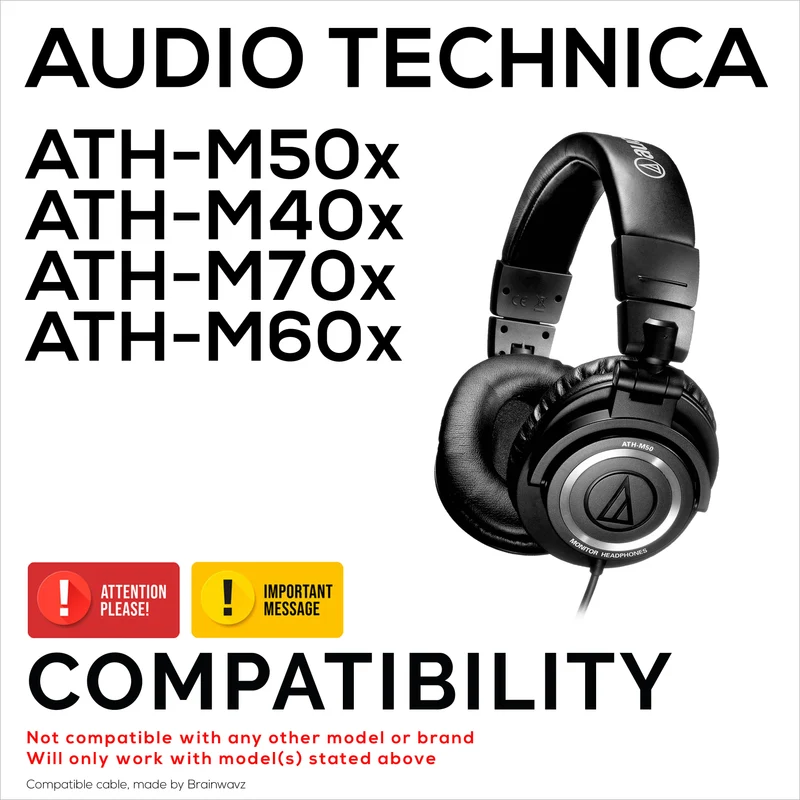 Gewickeltes Ersatz-Audiokabel, kompatibel mit Audio-Technica ATH-M50x, M40x, M70x, M60x – 2.5 mm auf 3.5 mm vergoldete Stecker mit 6.5 mm Adapter