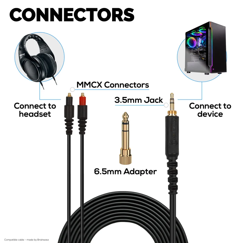 Ersatz-Audiokabel kompatibel mit Shure SRH1440, SRH1540, SRH1840 Headsets – MMCX auf 3.5 mm vergoldete Anschlüsse mit 6.5 mm Adapter