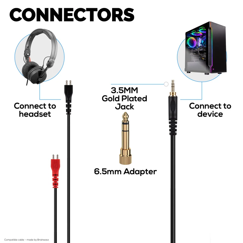 Gewickeltes Ersatz-Audiokabel, kompatibel mit den Headsets Sennheiser HD25, HD560, HD540, HD480, HD430, HD414 und HD250 – 3.5 mm vergoldete Stecker