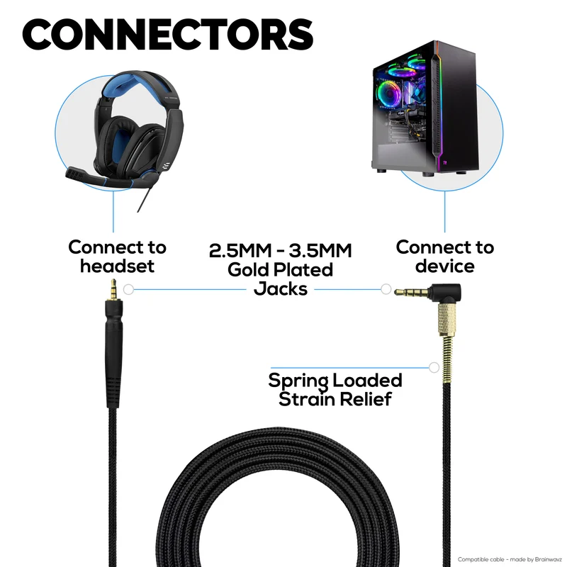 Ersatz-Audiokabel kompatibel mit Sennheiser GSP300, GSP350, GSP600 – geflochtenes Nylonkabel, 3.5 mm rechtwinklige und 2.5 mm vergoldete Stecker
