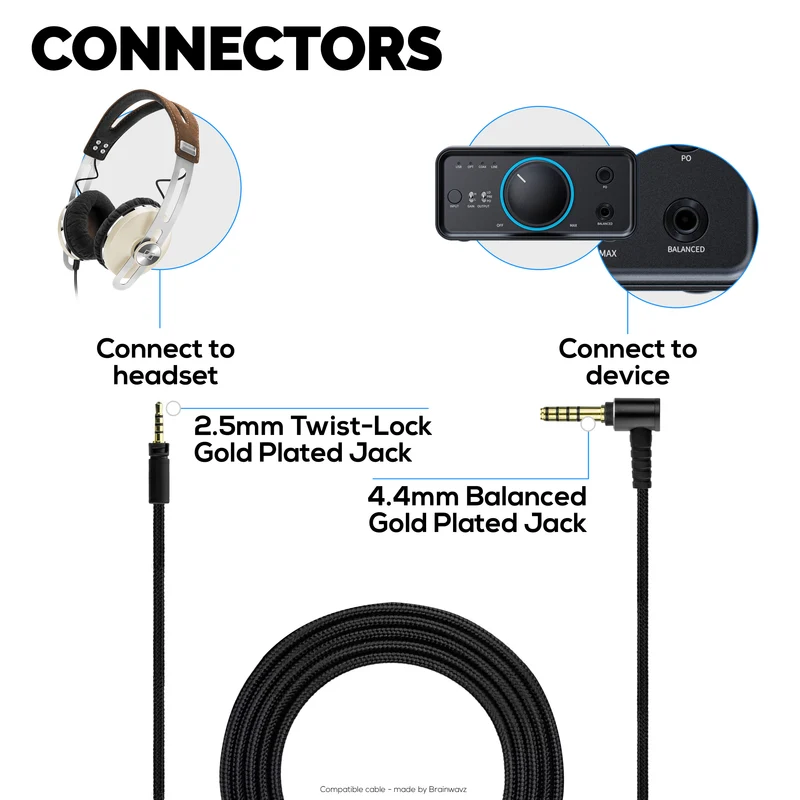 Symmetrisches Audiokabel, kompatibel mit Sennheiser Momentum-Kopfhörern – 2.5 mm Twist-Lock auf 4.4 mm TRRRS-symmetrische, vergoldete Stecker