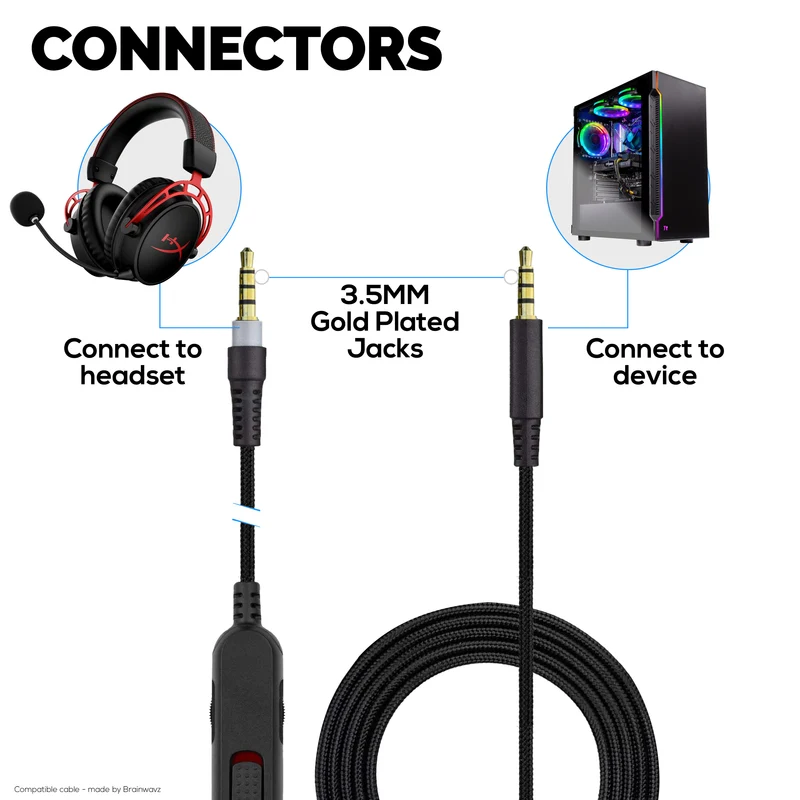 Ersatz-Audiokabel kompatibel mit Kingston HyperX Cloud Mix- und Cloud Alpha-Headsets – Inline-Fernbedienung mit Stummschaltung und Lautstärkeregelung – Geflochtenes Nylonkabel mit vergoldeten Anschlüssen