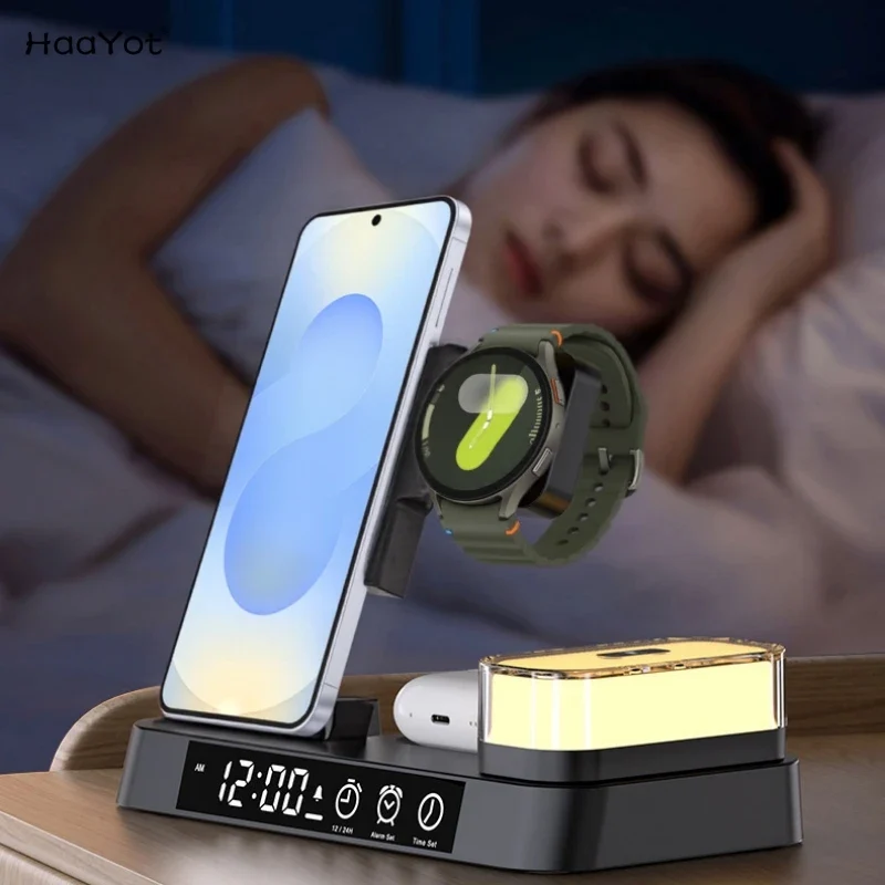 Kabellose 5-in-1 Fast Charging Station mit Wecker & Nachtlicht für Samsung Galaxy & andere Geräte