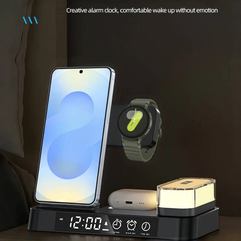 Kabellose 5-in-1 Fast Charging Station mit Wecker & Nachtlicht für Samsung Galaxy & andere Geräte