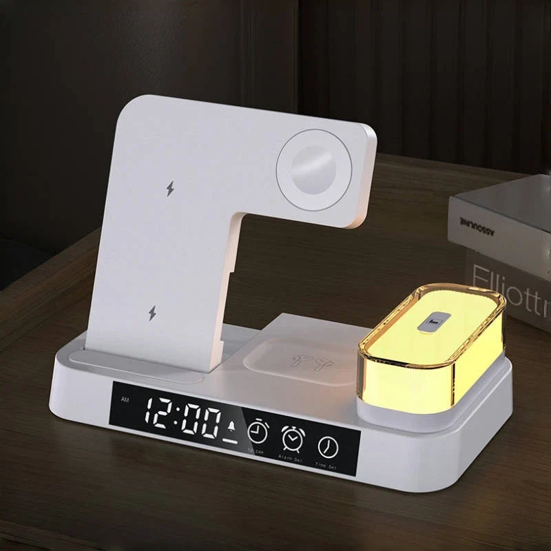 Kabellose 5-in-1 Fast Charging Station mit Wecker & Nachtlicht für Samsung Galaxy & andere Geräte