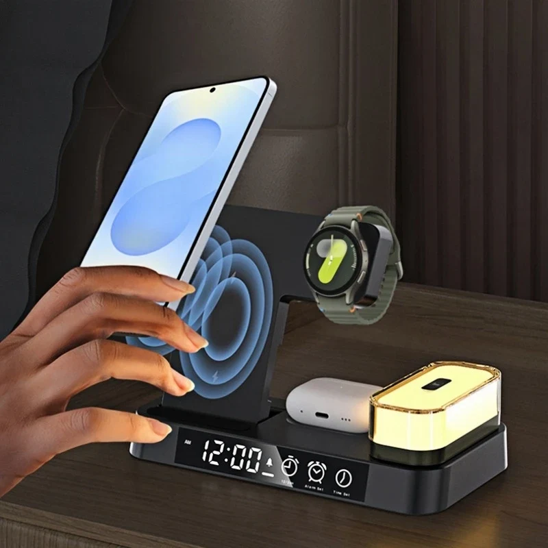 Kabellose 5-in-1 Fast Charging Station mit Wecker & Nachtlicht für Samsung Galaxy & andere Geräte