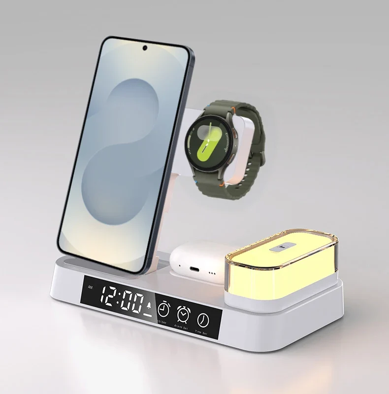 Kabellose 5-in-1 Fast Charging Station mit Wecker & Nachtlicht für Samsung Galaxy & andere Geräte