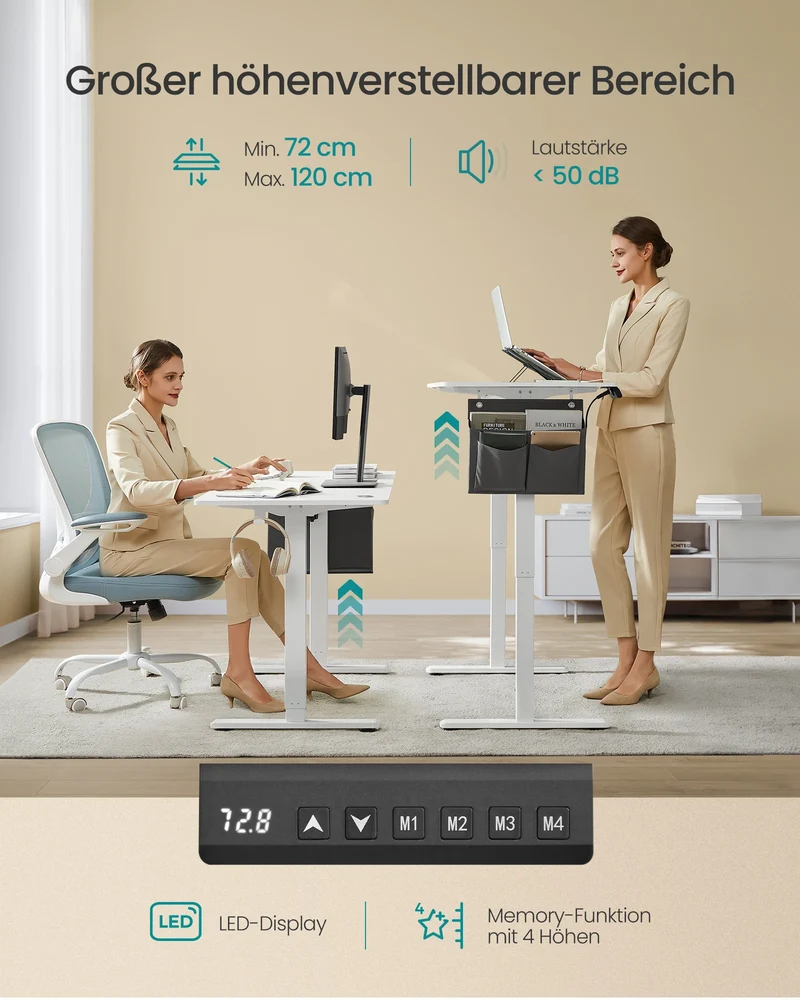 SONGMICS Elektrisch Höhenverstellbarer Schreibtisch – 70x160 cm mit Speicherfunktion