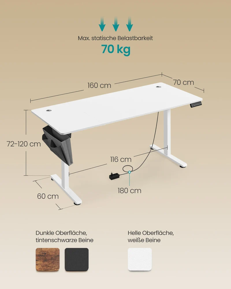 SONGMICS Elektrisch Höhenverstellbarer Schreibtisch – 70x160 cm mit Speicherfunktion