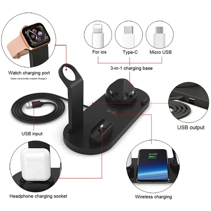 6-in-1 Wireless Ladestation 15W – Schnellladen für iPhone & AirPods