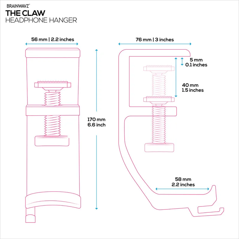 Brainwavz Claw – Kopfhörer-Aufhänger für unter den Schreibtisch, zum Anschrauben, einfach zu installieren mit verstellbarer Befestigungsklemme, für alle Headsets geeignet
