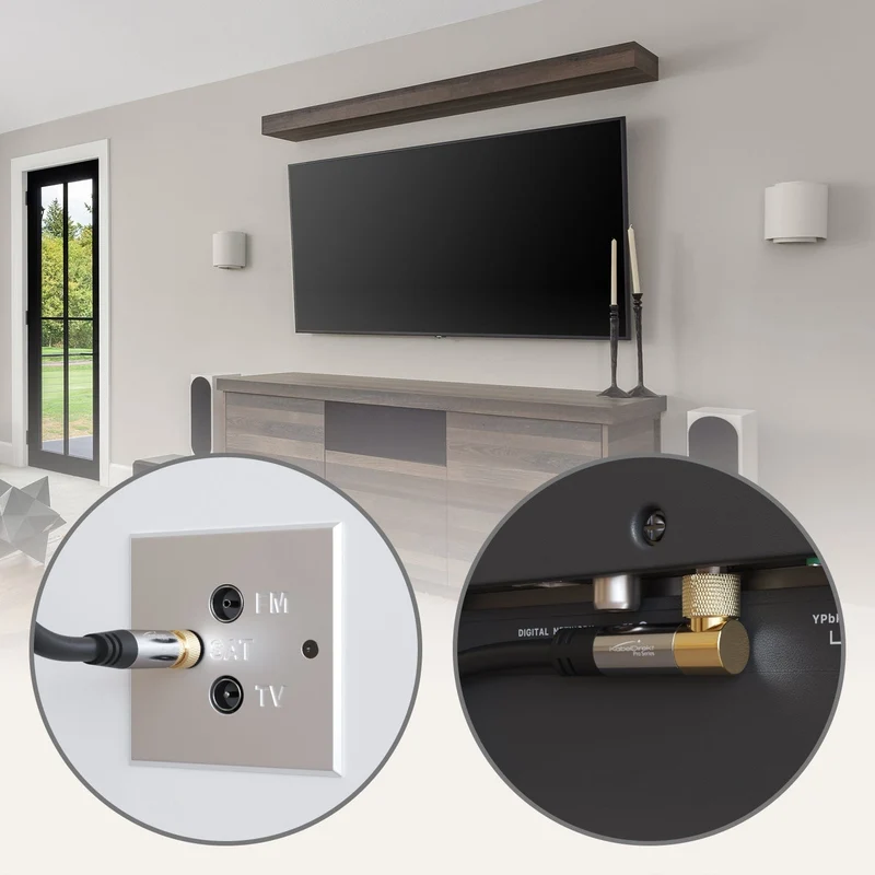 SAT Kabel 90° gewinkelt auf geraden F-Stecker, 75 Ohm - Koaxialkabel für HD TV, Radio, DVB-T2, DVB-C, DVB-S