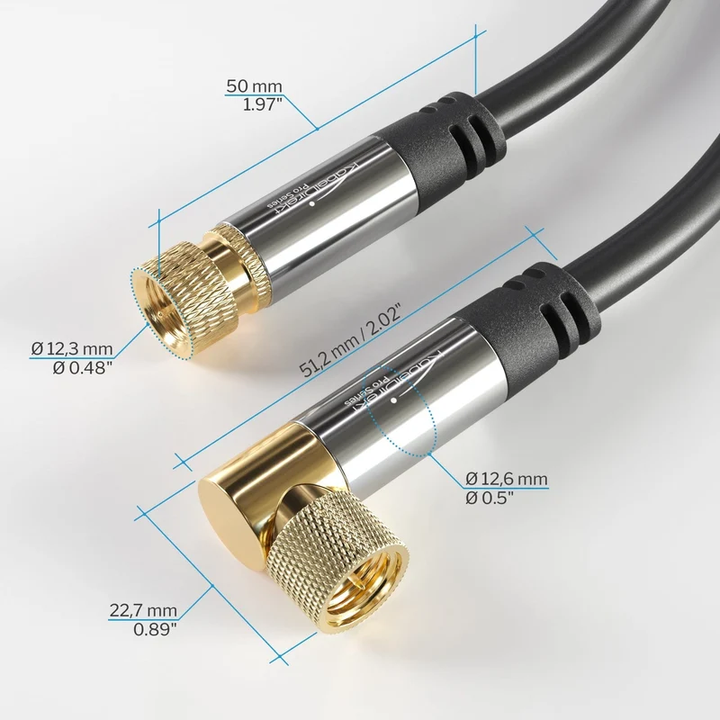 SAT Kabel 90° gewinkelt auf geraden F-Stecker, 75 Ohm - Koaxialkabel für HD TV, Radio, DVB-T2, DVB-C, DVB-S