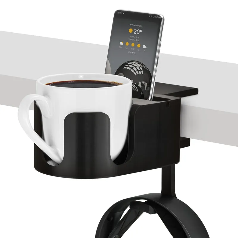 Pemegang Cawan Meja dengan Penyangkut Fon Kepala & Telefon, Pemegang Pen & Alat Tulis - Pengapit Boleh Laras, Memasang pada Meja dan Meja, Menampung Mug & Cawan sehingga 10cm Diameter