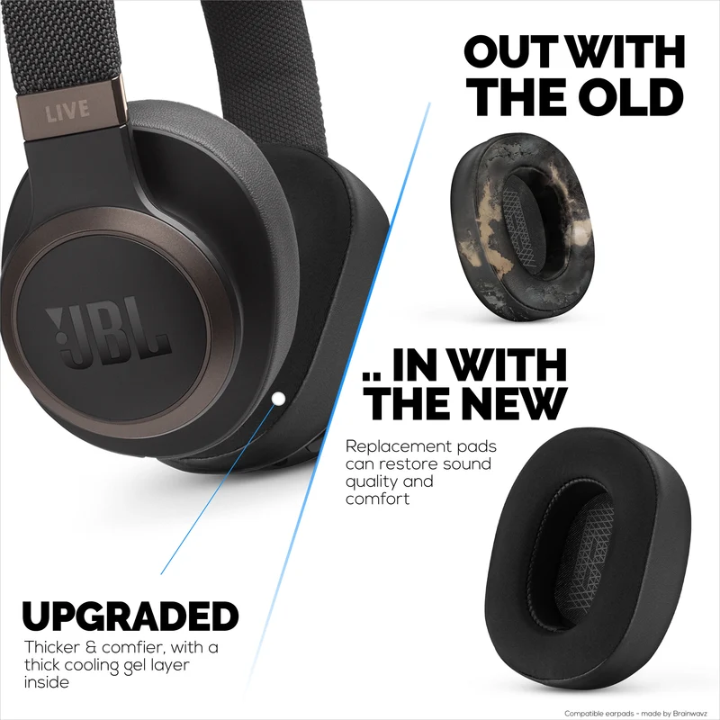 Hybrid-Ohrpolster für JBL E65 (E65BT E65BTNC), Live 650 (650NC 650BTNC), Live 660 (660NC 660BTNC) und Duet NC-Kopfhörer, kühles Gel, superweicher Stoff, PU-Leder und dicker Memory-Schaum