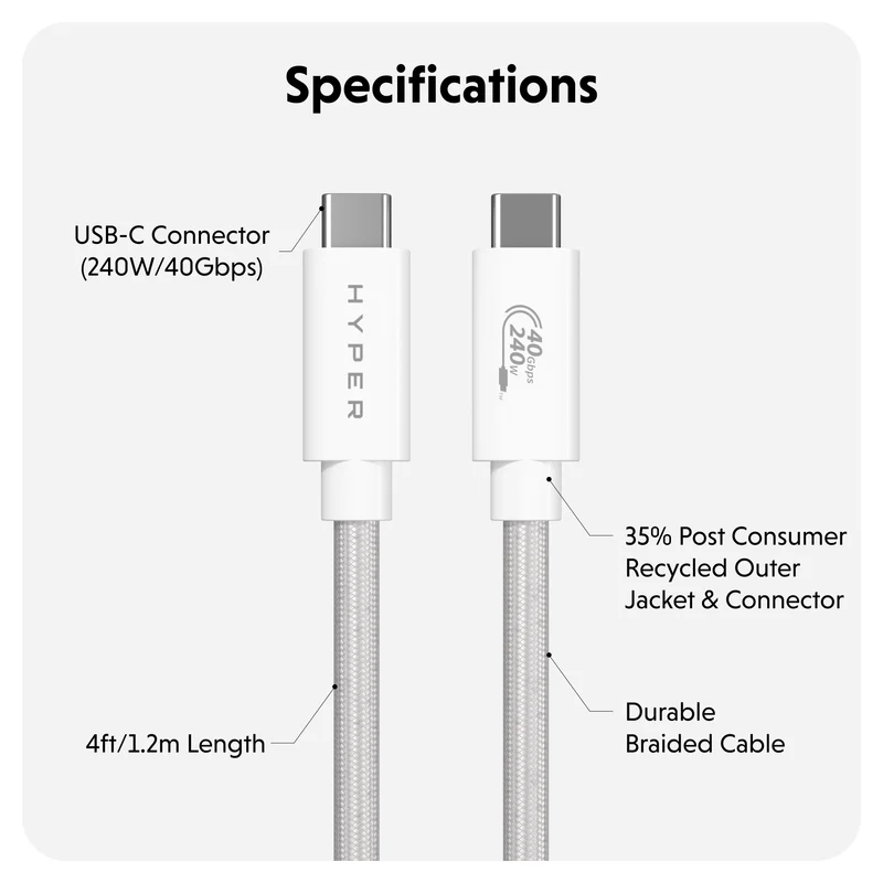 HyperDrive Next USB4 Typ-C Performance Kabel (1.2m/4ft) - Weiß