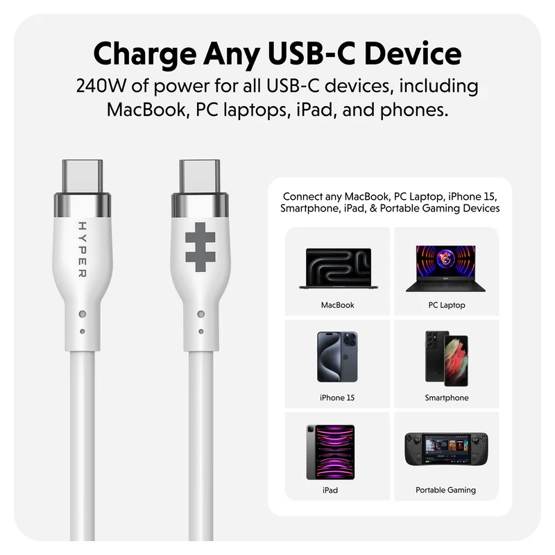HyperJuice 240W Silikon USB-C zu USB-C Kabel (6ft/2m) - Weiß