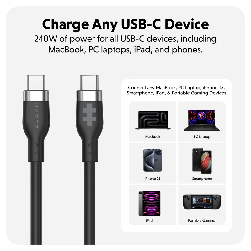 HyperJuice 240W Silikon USB-C zu USB-C Kabel (6ft/2m) - Schwarz