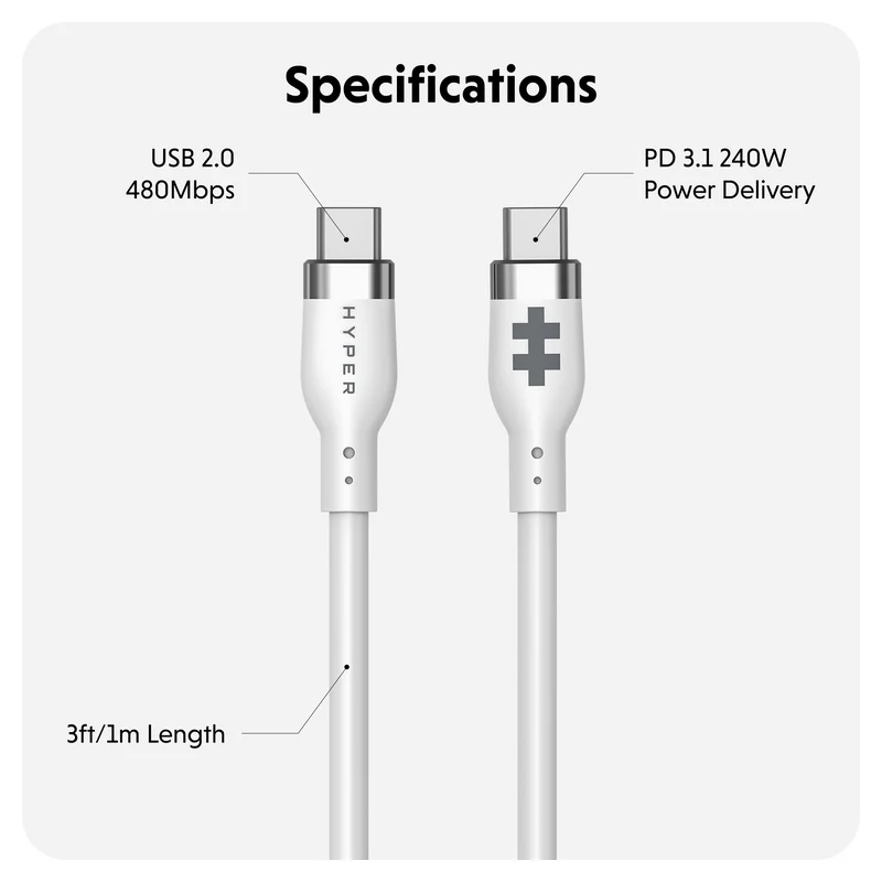 HyperJuice 240W Silikon USB-C zu USB-C Kabel (3ft/1m) - Weiß