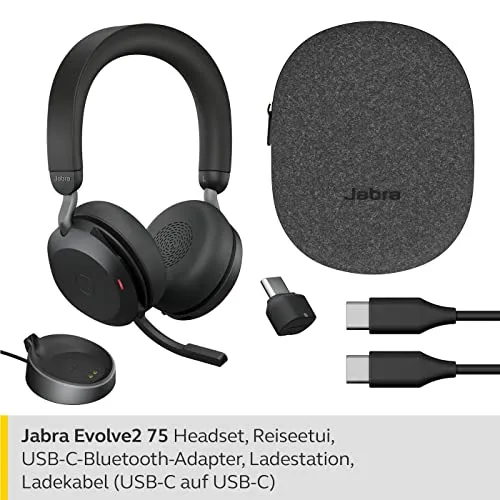 Jabra Evolve2 75 Wireless PC Headset mit Ladedock, 8-Mikro-Technologie, mit moderner aktiver Geräuschunterdrückung