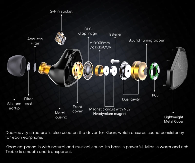 【KEFINE Klean】10mm DLC Diaphragm DD in Ear Earphones, Two Interchangeable Nozzles,Two different Sound