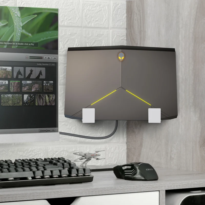 2.5"-Eckkabelbox und Router-Wandhalterung, selbstklebend und schraubbar, für Netzwerk-Switch, Modem, Mesh-WLAN, Apple TV, Kameras, Lautsprecher und mehr, Geräte mit einer Dicke von bis zu 2.5"/63 mm