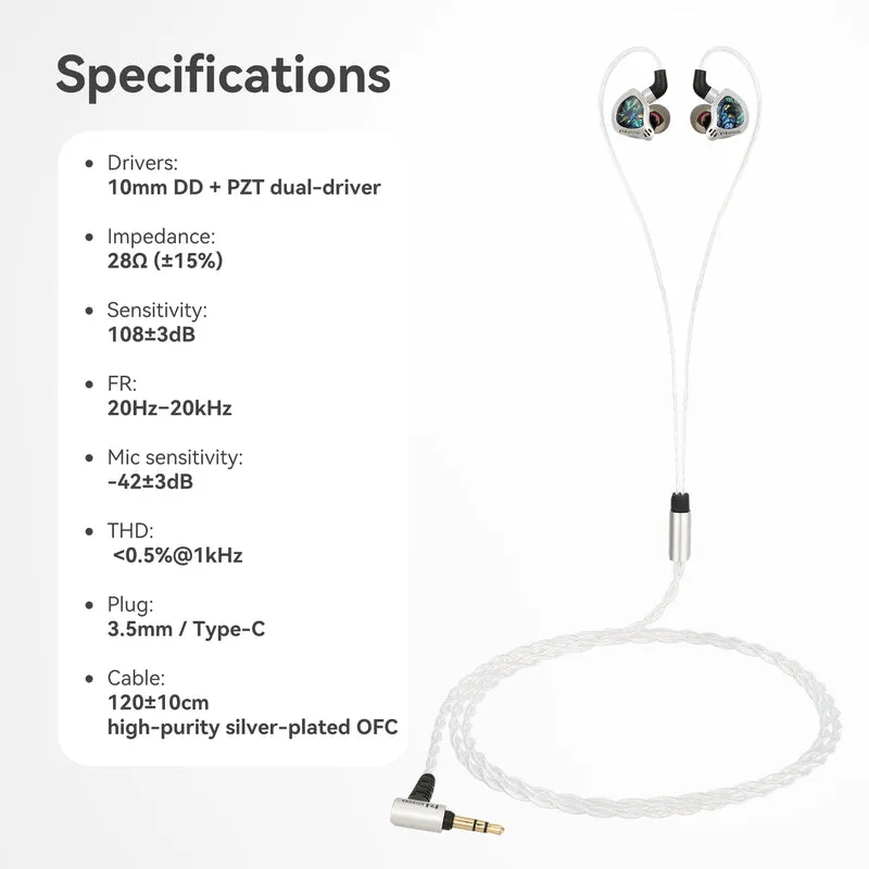 【HZSOUND GINKGO】Dual-Driver HiFi Earphones, PVD-coated Composite Diaphragm Piezoelectric Ceramic Driver