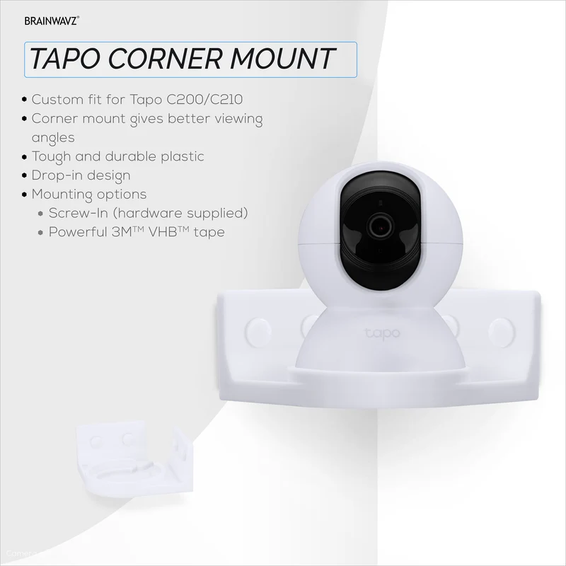 Lekap Dinding Penjuru untuk Tapo Pan/Tilt C200/C210 Pet & Baby Camera Indoor, Pendakap Pemegang Kamera Keselamatan, Kurangkan Bintik Buta & Kekacauan, Pelekat & Pemasangan Skru Dalam