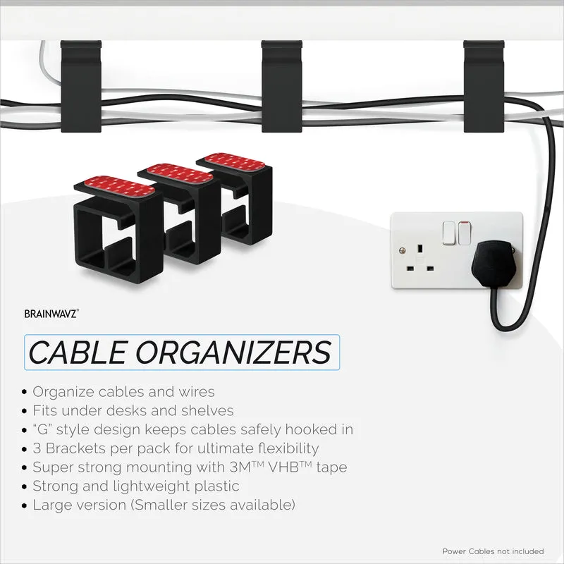 Pemegang Pengatur Kabel VHB 3pc, Untuk Kabel Berat, Kord & Wayar PC dengan Pelekat Kuat, Sistem Pengurusan Lekap Di Bawah Meja - Besar