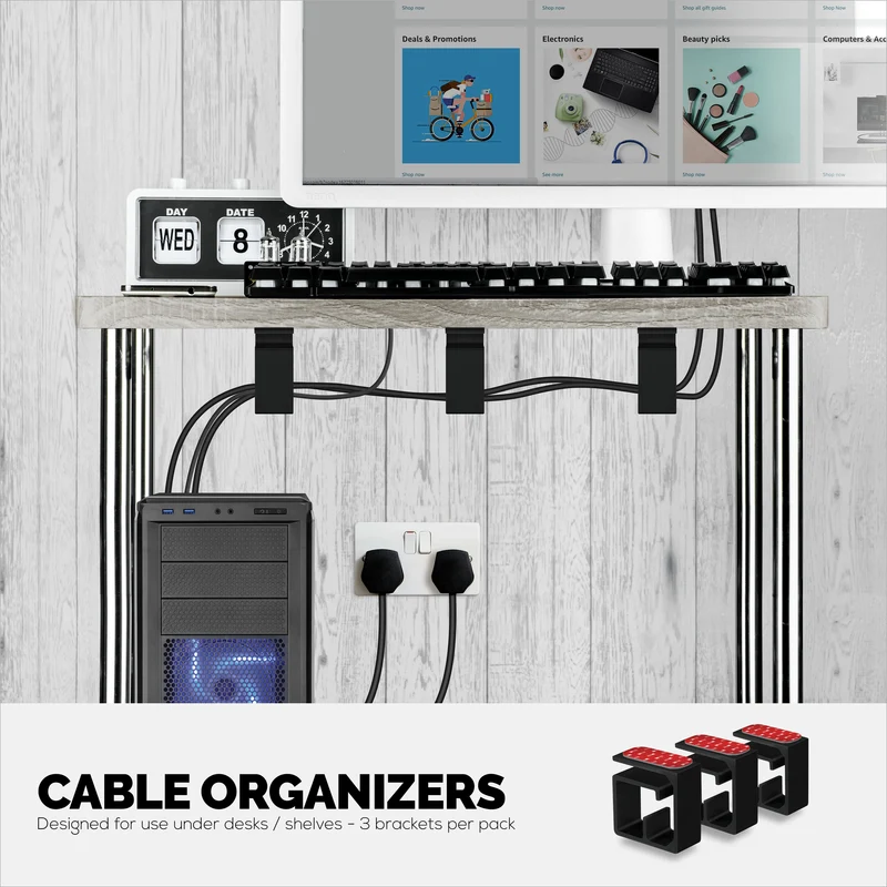 Pemegang Pengatur Kabel VHB 3pc, Untuk Kabel Berat, Kord & Wayar PC dengan Pelekat Kuat, Sistem Pengurusan Lekap Di Bawah Meja - Besar